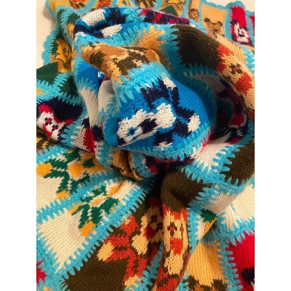 Rare Style Vintage Kids Knit Sweater Crocheted Bears Blanket Multicolored 42 x 6